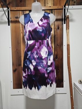Tahari Purple & Navy Abstract Floral Midi Dress